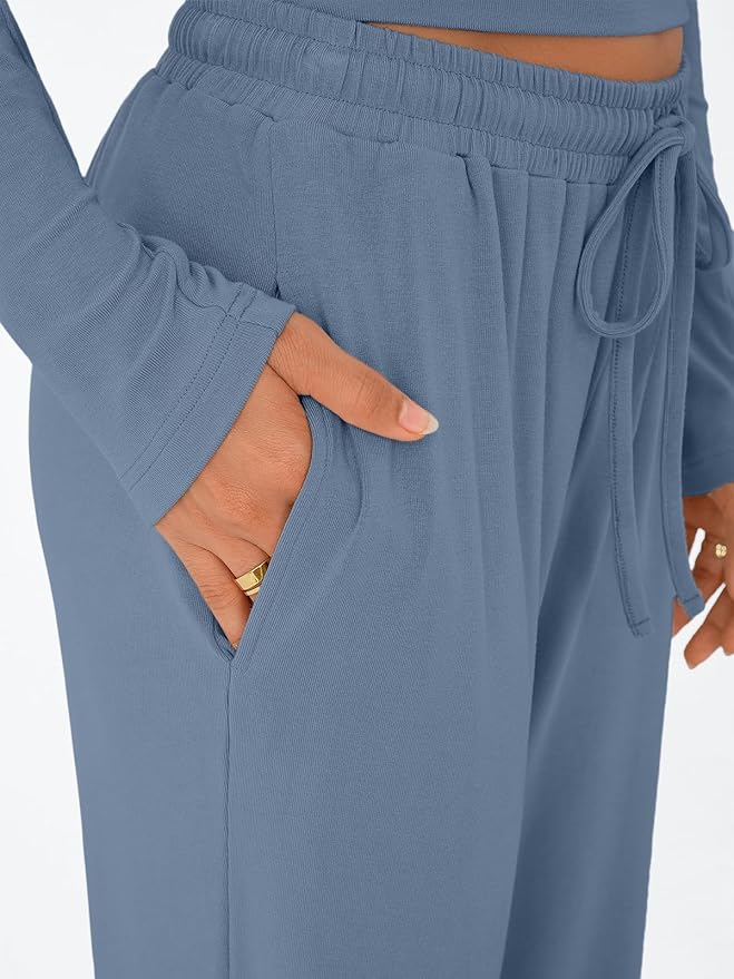 Trendy Queen Women's 2 Piece Matching Lounge Set Long Sleeve Side Ruching Top Wide Leg Drawstring Pants Set with Pockets