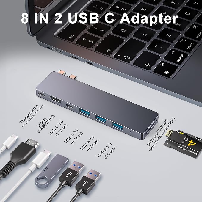 USB C Hub, 8 in 2 USB Adapter for MacBook Pro Air, Thunderbolt 4 Dock 100W PD, 40Gbps, 4K HDMI, USB C 3.0, 3 USB A 3.0, SD/TF Card Reader, Compatible with MacBook Pro Air M1/M2/M3/M4