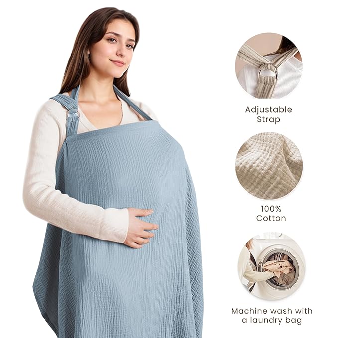 Konssy Muslin Nursing Cover for Baby Breastfeeding, Breathable 100% Cotton Breastfeeding Cover with Rigid Hoop for Mother Nursing Apron, Multi-use Carseat Canopy (Blue)