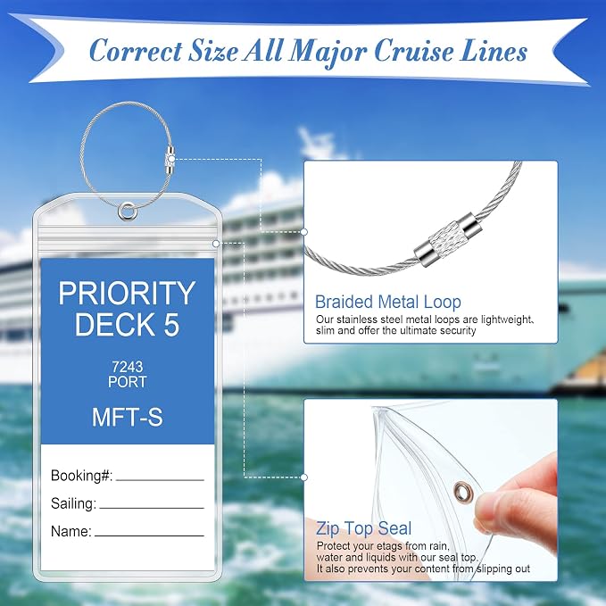 Clabby 12 Sets Cruise Clear Luggage Tags Holders Bag with Loops for Carnival, PVC Waterproof Tag for Travel Supplies