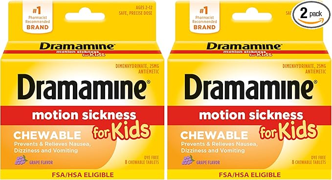 Dramamine Motion Sickness Relief for Kids - Chewable Grape Flavor, 8 Count (Pack of 2)