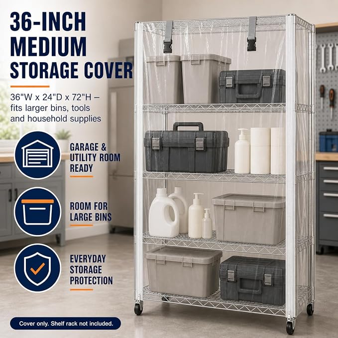 Clear Wire Rack Cover for Wire Shelving – Heavy-Duty PVC Dustproof Storage Rack Protector with Dual Front Zippers, 48" x 24" x 72" (Cover Only)