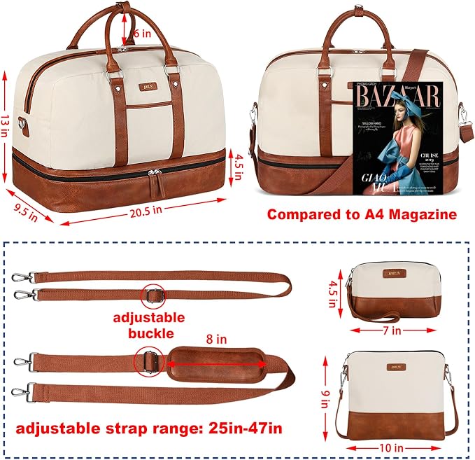 Weekender Bag for Women, Large Overnight Bag Canvas Travel Duffel Bag Carry On Tote with Shoe Compartment 21" 3Pcs Set