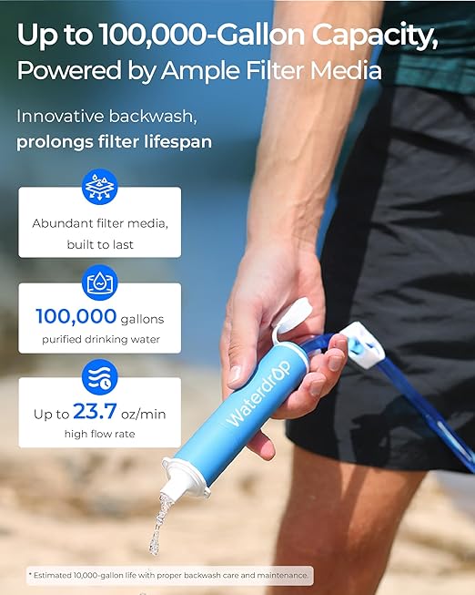 Waterdrop Gravity Water Filter Straw, Camping Water Filtration System, Water Purifier Survival for Travel, Backpacking and Emergency Preparedness, 1.5 gal Bag, 5 Stage Filtration, Pack of 2