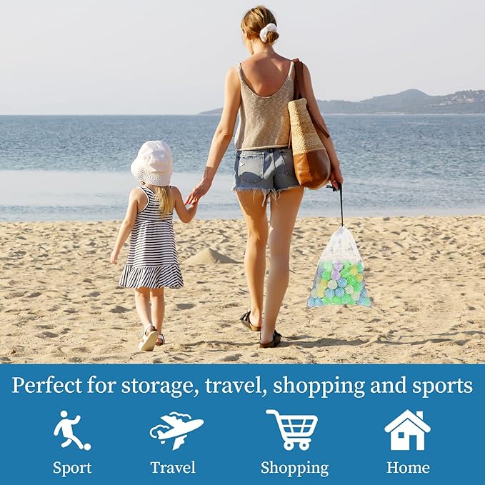 6 Pcs Mesh Bags Drawstring, 14x17 Inch with Lock, Multipurpose Storage Bags for Gym, Balls, Beach, Laundry (White)