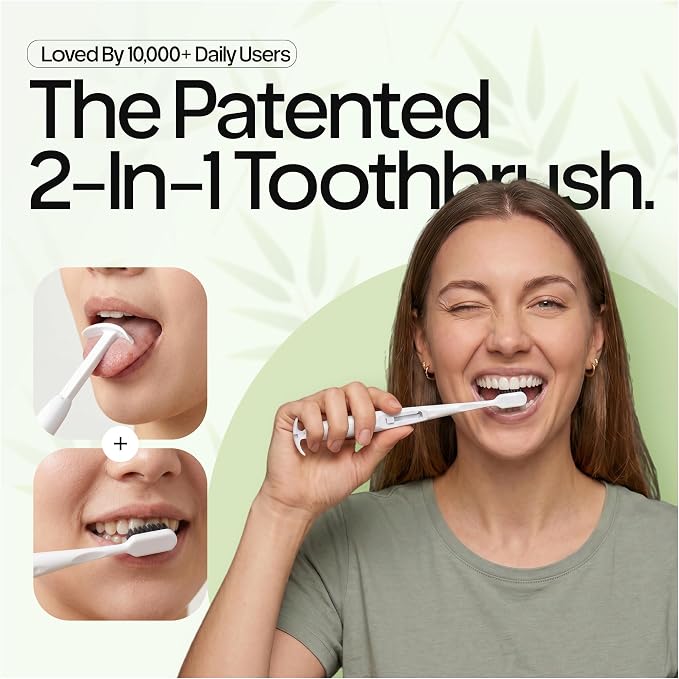 Tokii Tongue Scraper & Tongue Cleaner for Adults, 2-in-1 Toothbrush with Sliding Tongue Scraper, Charcoal Ultra Soft Bristles, Ayurvedic-Inspired, Includes Travel Toothbrush, Stand & Waterproof Pouch