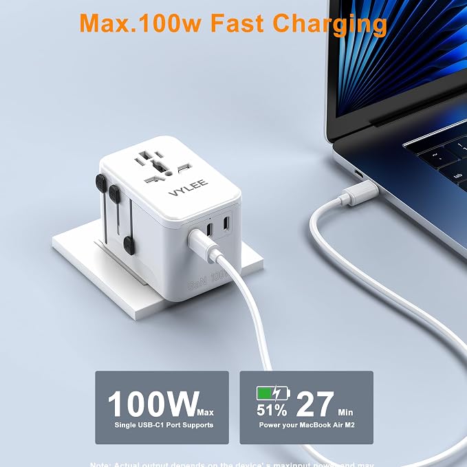 VYLEE PD100W GaN Universal Travel Adapter, International Power Adapter in One, 3 USB C & 1 USB A & AC Outlet, Travel Adapter Worldwide Plug Adapter with USA EU UK AUS Plugs (White)