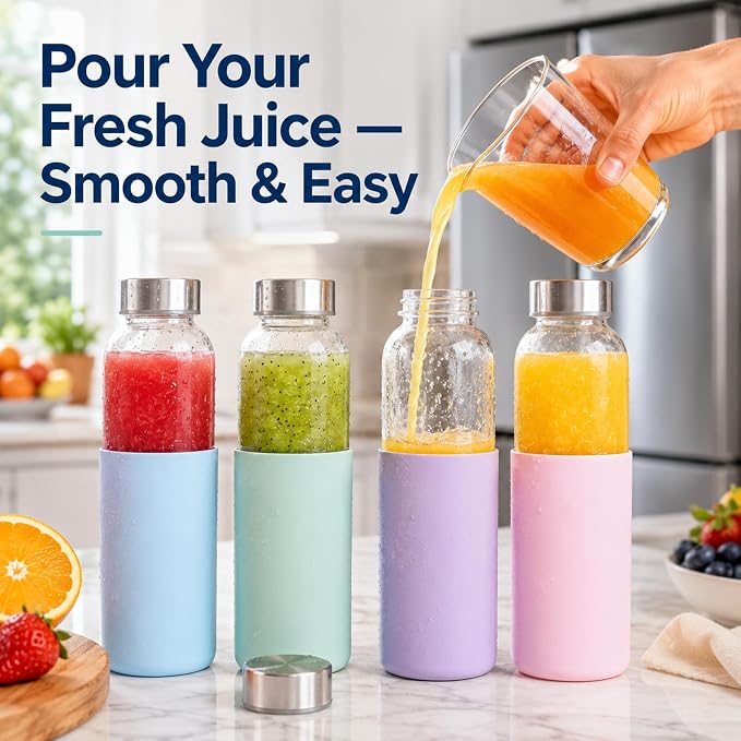 Luxfuel 16 oz Glass Juice Bottles with Lids & Silicone Sleeves, 4 Pack Reusable Glass Water Bottles with Stainless Steel Cap for Juicing, Smoothies & Refrigerator, Leak-Proof,BPA-Free Juice Containers
