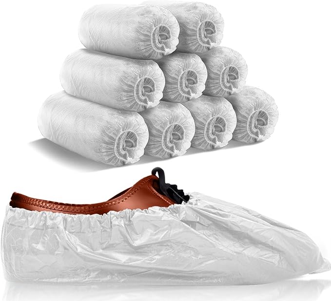 EZGOODZ White Indoor Shoe Covers Disposable Non Slip, 16.5 x 6.5 Inch. 1000 Pack Shoe Booties Disposable. 2 Mil CPE Disposable Booties for Shoes Covers. Waterproof Surgical Boot Covers for Outdoor