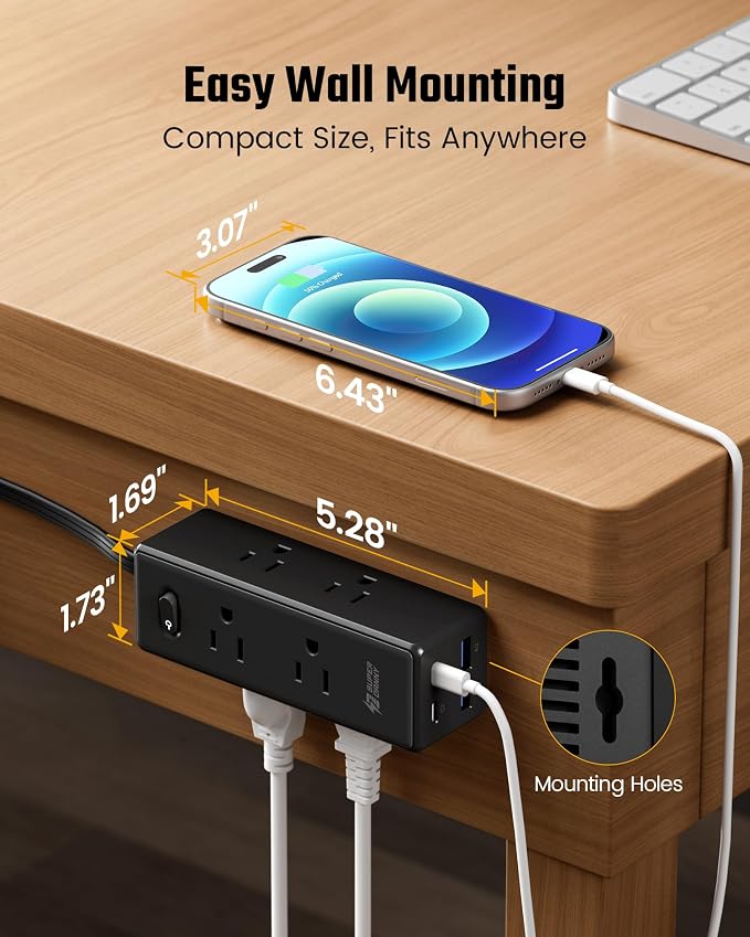 20 Ft Extension Cord with Multiple Outlets, Long Extension with 6 Outlets 4 USB Ports(2 USB C), Flat Plug Surge Protector Power Strip for Home, Office Supplies, Dorm Essentials, Black
