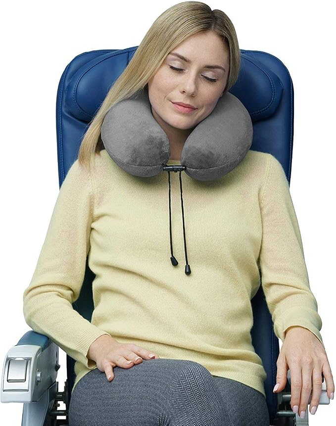travelrest Neck Pillow Travel Essential - Memory Foam, Washable Micro-Fiber Cover Pillow, Soft and Comfortable Head Support for Long Flights, Compact, Attaches to Luggage, Airplanes - (Grey, Curl)