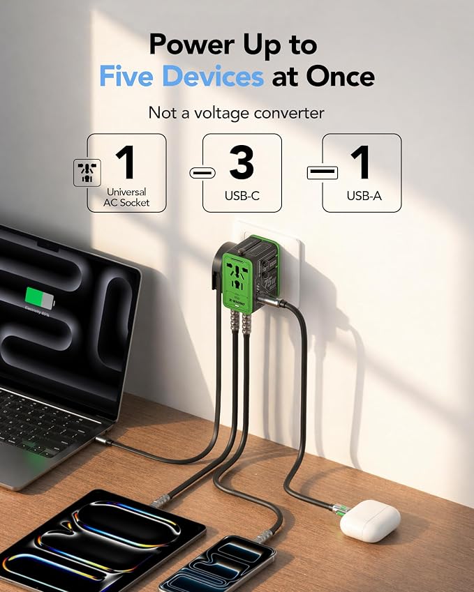 Mfish 75W Universal Travel Adapter with Retractable USB-C Cable, 3 USB-C & 1 USB-A, 1 AC Outlet, International Wall Charger for MacBook, iPhone, iPad, EU/UK/US/AUS, Type A/I/G/C, Black