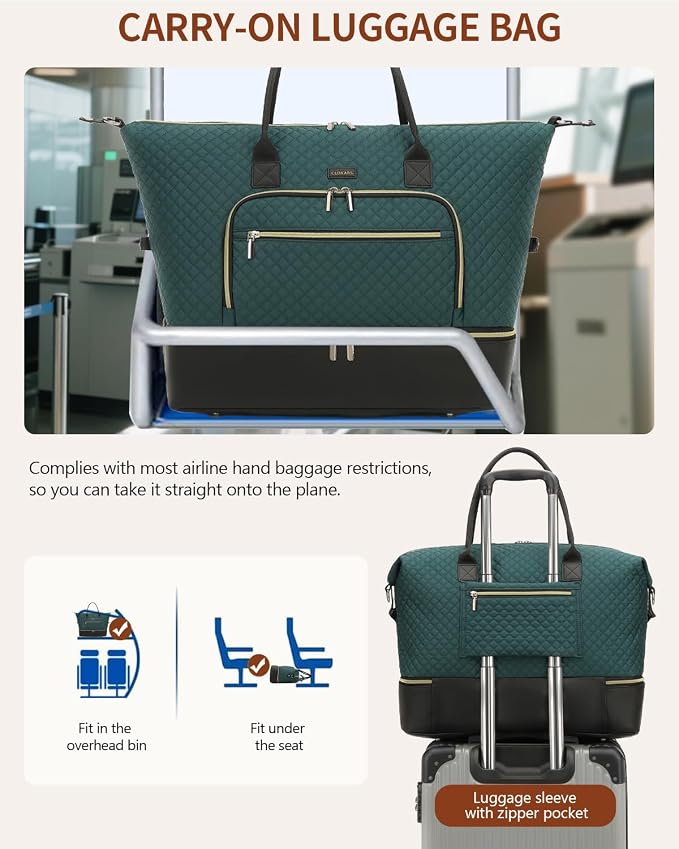 Weekender Bags for Women Travel, Under Seat Carry On Bags for Airplanes Overnight Bag with Shoe Compartment Luggage Sleeve, Foldie Travel Tote Bag Hospital Bag, Travel Gifts, DarkGreen Black