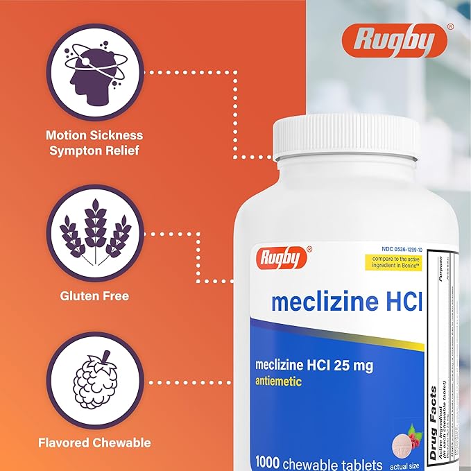 Rugby Meclizine Chewable Tablets 25mg - Anti-Nausea Support Helps with Symptoms of Motion Sickness - 1,000 Count