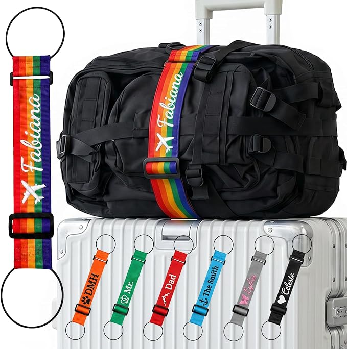 Personalized Luggage Connector Strap with Embroidered Name, 1 Pc Adjustable Elastic Add A Bag Belt for Suitcases and Carry Ons, Easy Travel Baggage Identifier