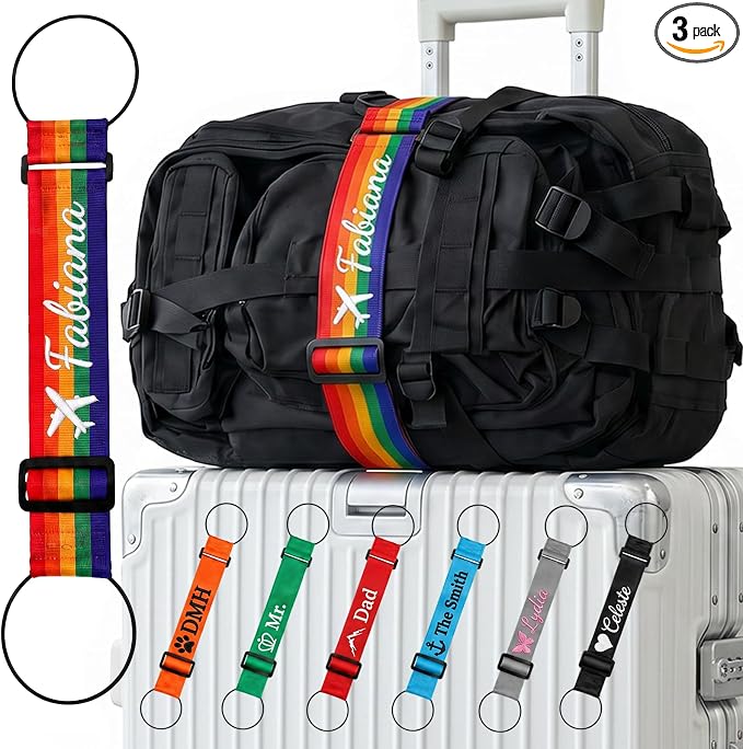 Personalized Luggage Connector Strap with Embroidered Name,3 Pcs Adjustable Elastic Add A Bag Belt for Suitcases and Carry Ons, Easy Travel Baggage Identifier