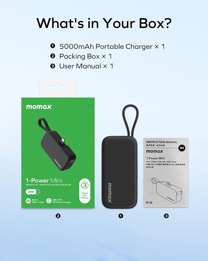 MOMAX Portable Charger, 5000mAh Small Power Bank PD 20W Fast Charging Battery Pack with 3 USB-C, LED Battery Display, Smart Temperature Control for iPhone 17 16 15 Pro Max(Black)