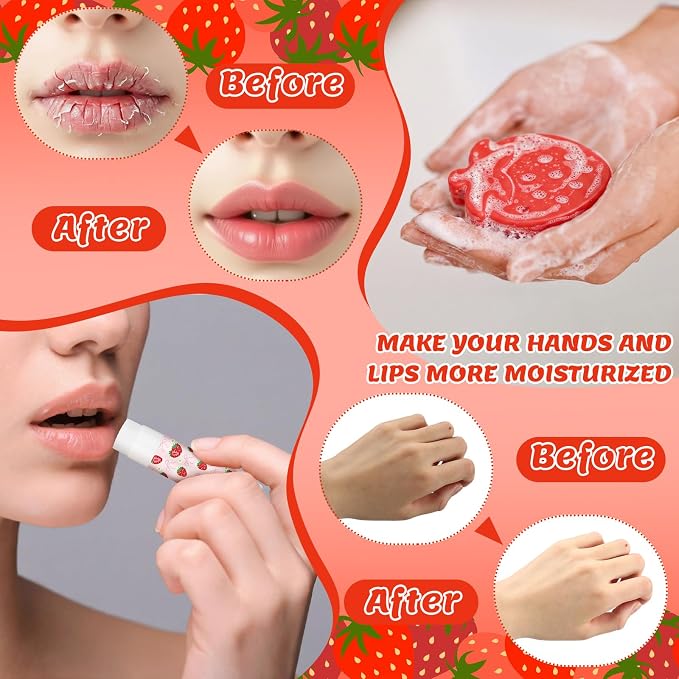 Loopeer 30 Set/150 Pcs Strawberry with Bow Baby Shower Favors for Guests Gifts Hand Cream Lip Balm Soap Party Favors Travel Size with Bags, Thanks You Card for Games Prizes Souvenirs
