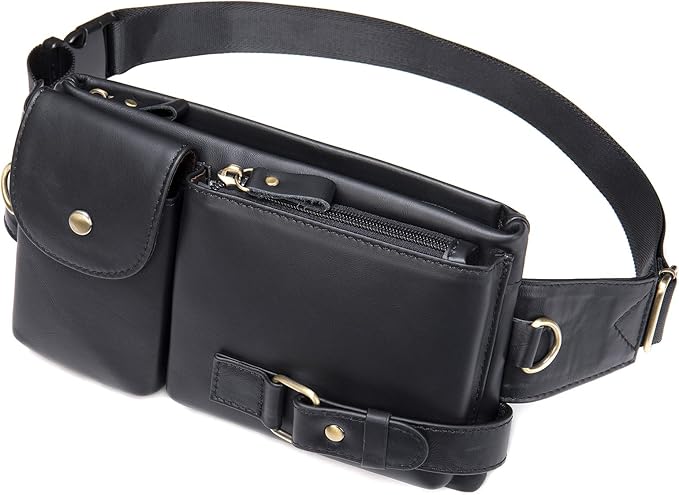 NIUCUNZH Cowhide Waist Fanny Pack-Genuine Leather and Slim with Adjustable Waistband Black