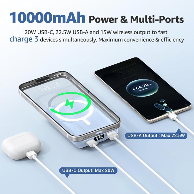Azmuth Magnetic Power Bank,10000mAh for MagSafe Battery Pack, 22.5W PD Fast Charging,LED Display & Foldable Stand Wireless Portable Charger for iPhone 17/16/15/14/13/12/Pro/Pro Max/Plus,Light Blue