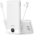 VEGER Portable Charger with Built-in AC Plug and Cables, All in One 10000mAh Ultra Slim Power Bank Travel Essentials, Fast Charging Battery Pack Compatible with iPhone, Samsung, Android, White