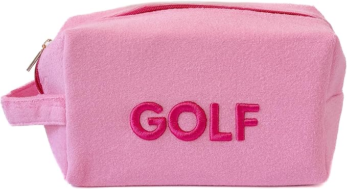 Sassy Caddy Pink Terry Cloth “GOLF” Pouch – Soft Terry Accessory Bag for Women Golfers | Water-Resistant Interior for Sunscreen & Makeup | Stylish Golf Gift for Ladies