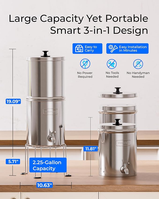Waterdrop TK-A-S Gravity Water Filter System, NSF/ANSI 42&372 Standard, Reduces Lead and Chlorine, Stainless-Steel Water System with 2 Filters and Metal Spigot for Home, Emergencies, 2.25G