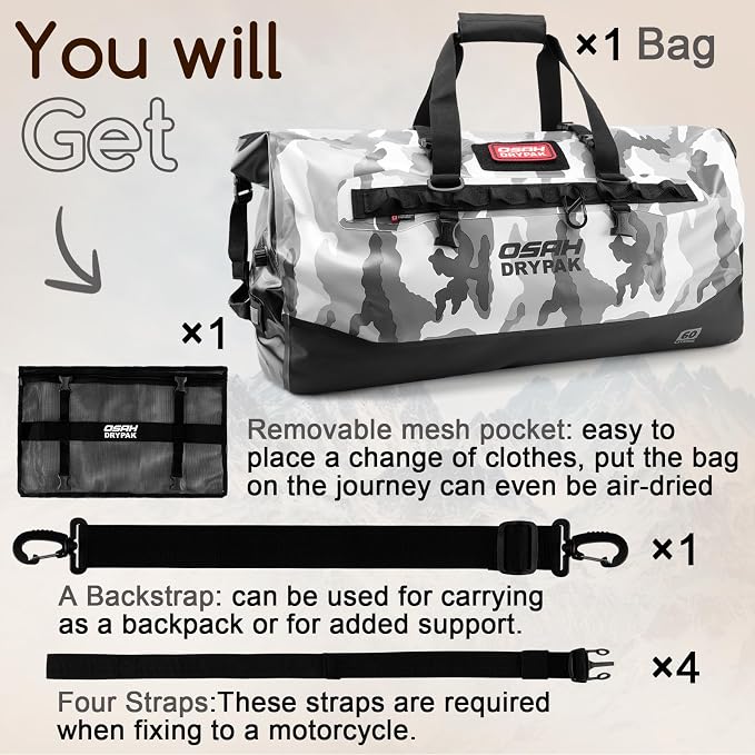 OSAH DRYPAK Waterproof Duffel Bag 25L/40L/60L – Heavy-Duty Motorcycle Tail Bag, Roll-Top Dry Bag for Travel, Camping, Boating, Kayaking, Outdoor Adventure