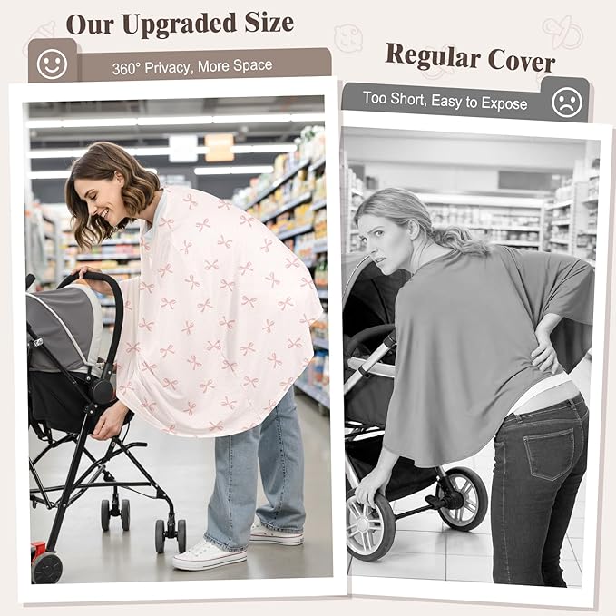 Basumee Nursing Cover for Breastfeeding Breathable Mesh 360 Full Privacy Nursing Wrap Multi-Use Breast Feeding Covers for Women Moms Feeding Essentials, Dusty Pink Bows, 1 Pack