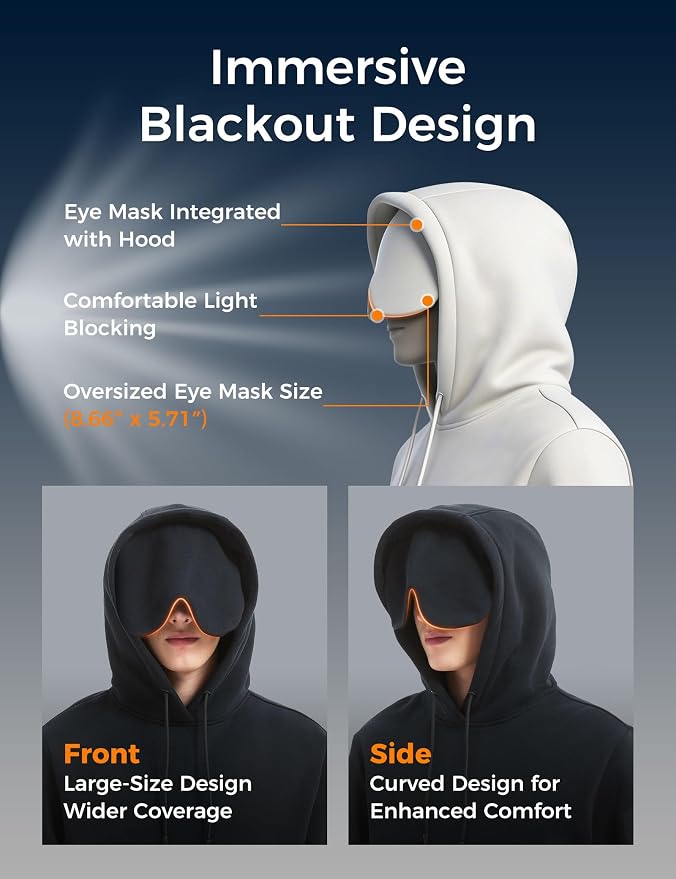 Travel Hoodie with Built-In Eye Mask for Airplane Travel Breathable Comfort Pullover Sweatshirt Multiple Pockets