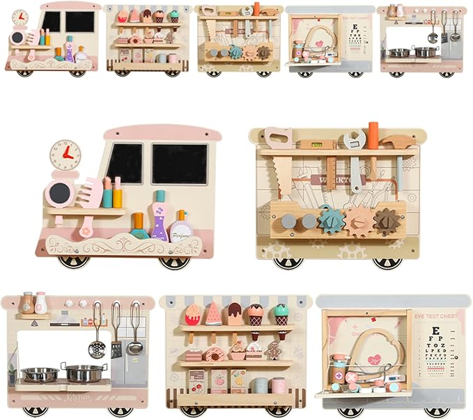 Wooden Sensory Wall Panel for Kids Activity Wall Busy Board with Wooden Toolboxes, Kitchen, Doctor Kit & More! Wall-Mounted Learning Toy for Preschoolers (3+), STEM Play