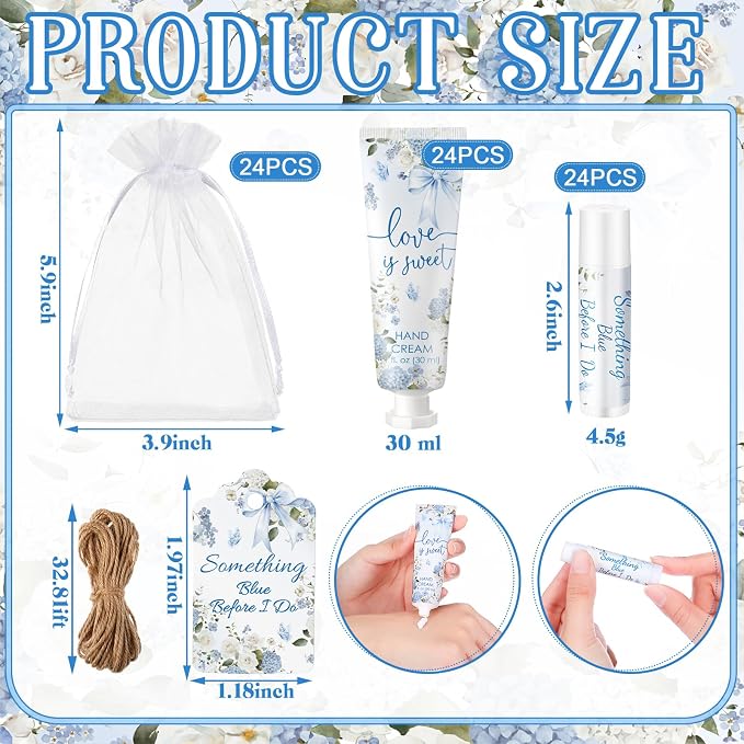 24 Sets Something Blue Before I Do Bridal Shower Hand Cream and Lip Balm Gift Floral Blue Bow Bridal Shower Favors for Guests Travel Size Love Is Sweet Hand Lotion and Lip Balm Bulk Party Supplies