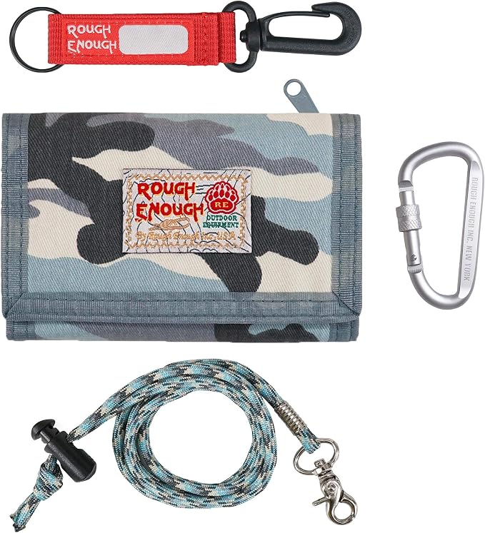 Rough Enough Kids Wallet for Boys Teen, Light Blue Camo Canvas | RFID Blocking, Lanyard, Keychain, 5 Card Slots, 3 Zippered Pockets, Suitable for Travel, Camping, Outdoor Sports