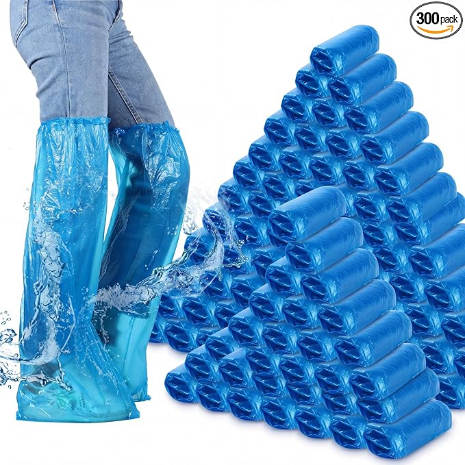 SATINIOR 300 Pieces/ 150 Pairs Disposable Boot Covers Long Plastic Waterproof Shoes Cover over the Knee for Men Women Outdoor Rain and Snow