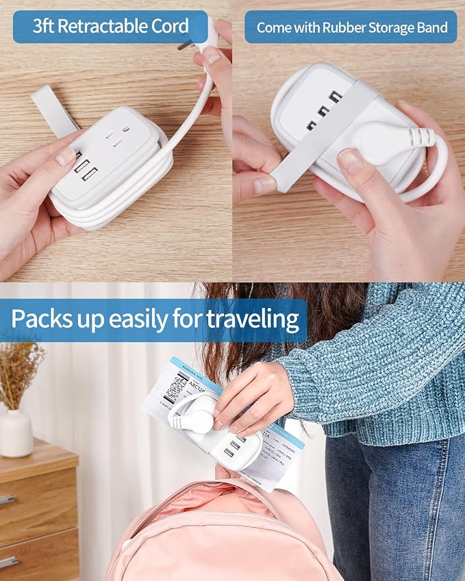 Travel Power Strip with USB Ports, NTONPOWER 2 Widely Outlets 3 USB with 3FT Short Extension Cord Flat Plug, Mini Power Strip Flat Plug, Portable Small Size for Travel Cruise Essentials, White