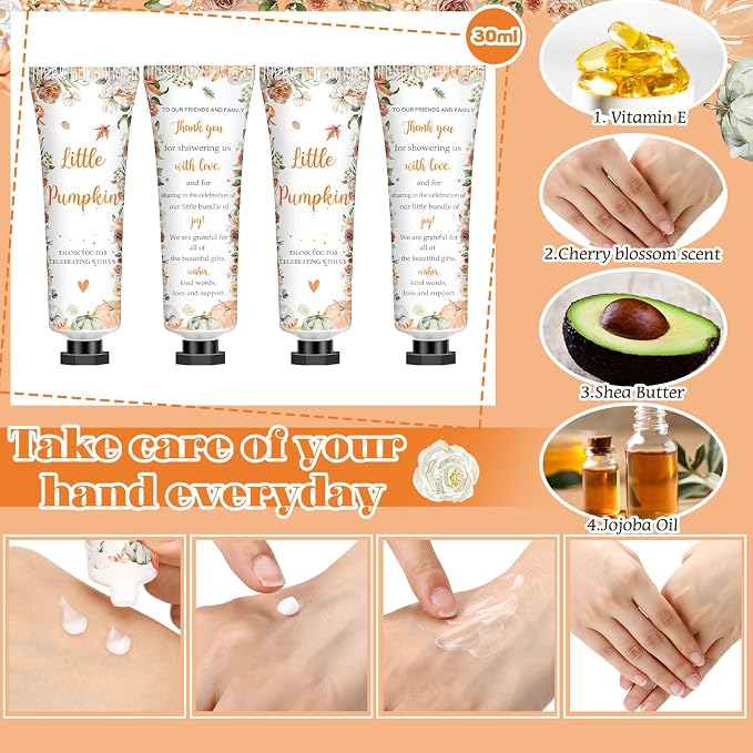 50 Sets 200 Pcs Baby Shower Hand Lotion and Lip Balm Gift Theme Baby Shower Party Favors Travel Size Hand Lotion and Lip Balm Bulk with Organza Bags Tags (Little Pumpkin)