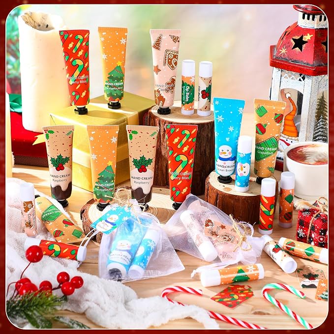 Loopeer 12 Sets/48 Pcs Christmas Hand Cream and Lip Balm Gift Set for Women Bulk Mini Hand Lotion Travel Size for Dry Skin Stocking Stuffers with Greeting Card Organza Bags for Coworker Employee