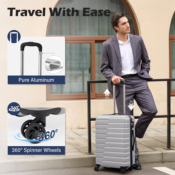Coolife Medium Checked Luggage with Spinner Wheels, Hardside Suitcase TSA Lock Lightweight Travel Luggage 24-inch,Silver