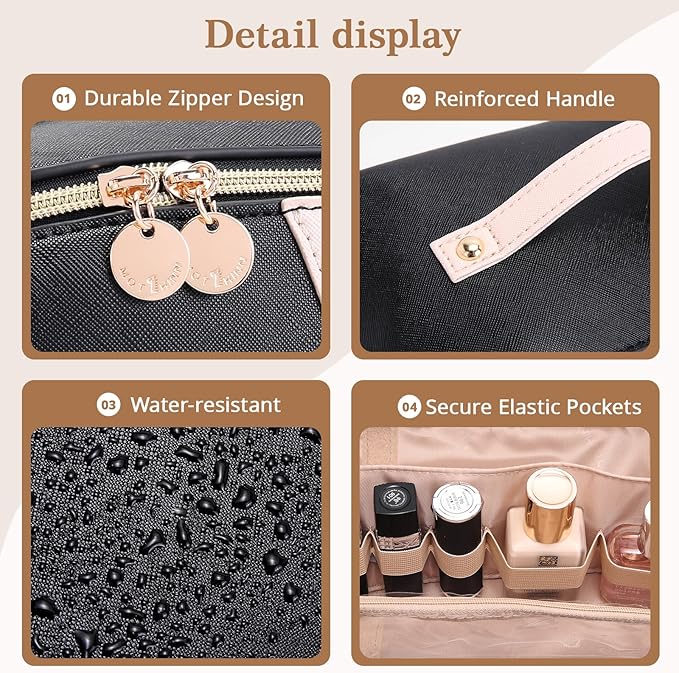 Travel Makeup Bag for Women: 3-in-1 Large Capacity Cosmetics Organizer with 2 Detachable Pouch - Vegan Leather Flat Open Toiletry Bag - Portable Travel Essentials for Full-Sized Bottles-Black