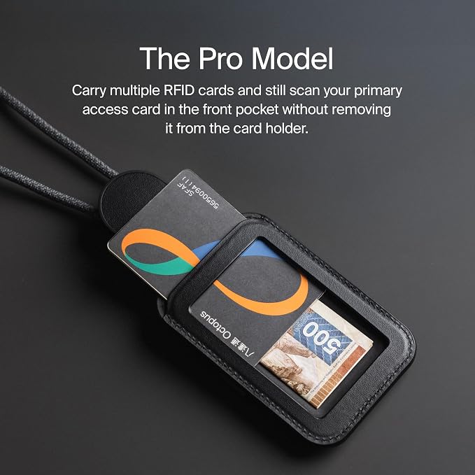 Orbitkey ID Card Holder Pro | Made with LWG-Certified Top Grain Leather and Durable Dyneema Cord | Holds 1 Access Card & 2 RFID Cards | Interchangeable Orientation | (with Lanyard, Black)