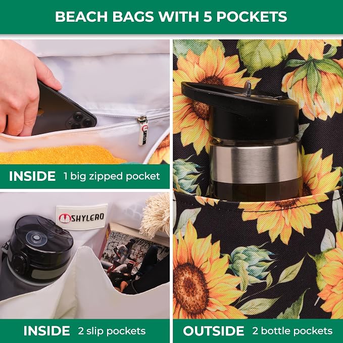 Beach Bag and Pool Bag Has Cooler Pocket, 7 Pockets Total, Zip Top. Family Size Waterproof Beach Tote