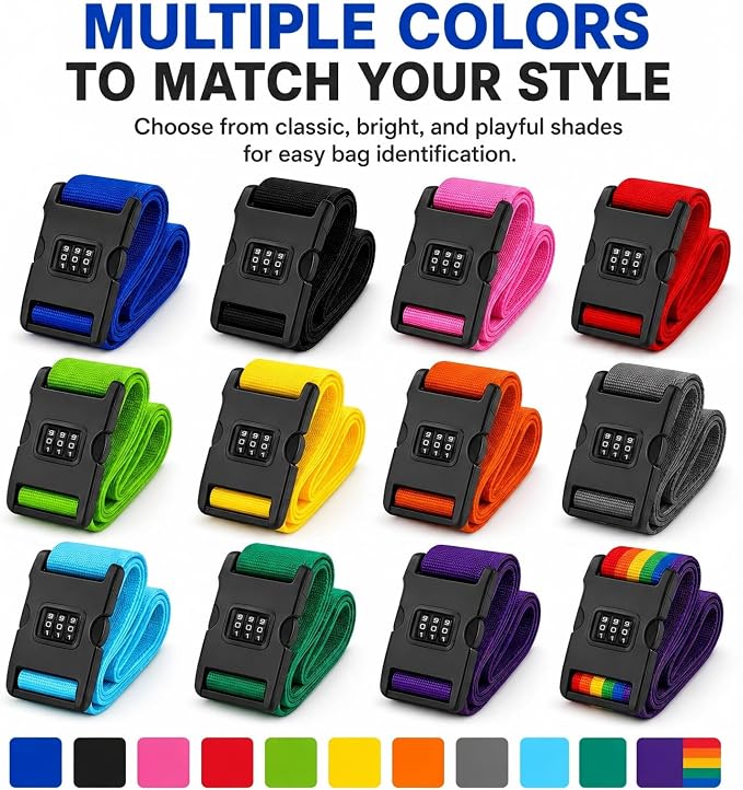 Personalized Luggage Strap with Combination Lock,4 Pcs Custom Embroidered Name Suitcase Belt, Heavy Duty Adjustable Travel Strap for Luggage Security and Easy Identification, Lockable Bag Belt