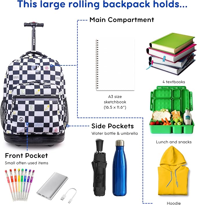 J World Sunrise Kids Rolling Backpack for Boys Girls. Roller Bookbag With Wheels For School, Icon Checkers