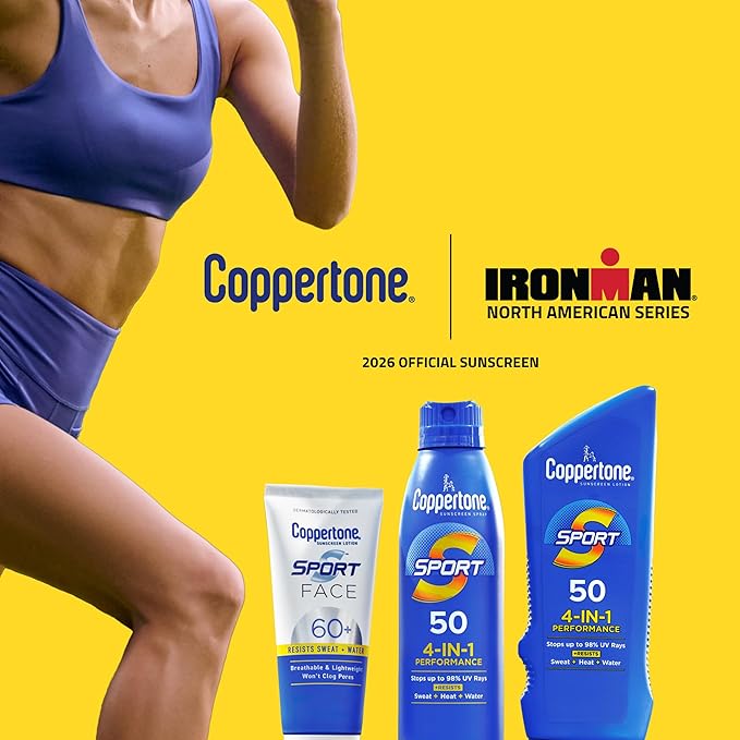 Coppertone Sport Sunscreen Lotion SPF 50, Sweat, Heat and Water Resistant Sunblock, Lightweight, Oxybenzone Free, Travel Size Sunscreen Bulk Pack, 3 Fl Oz Bottle, Pack of 6