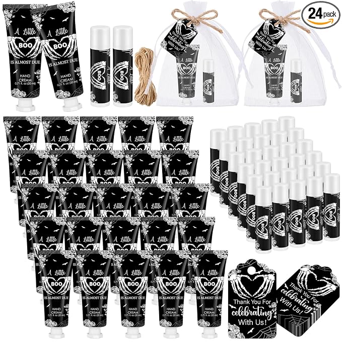 24 Sets Halloween Little Boo Baby Shower Hand Cream Lip Balm Gift Gothic Baby Shower Party Favors Travel Size Hand Lotion Lip Balm with Organza Bag Tag Halloween Party Supplies for Guest Kids