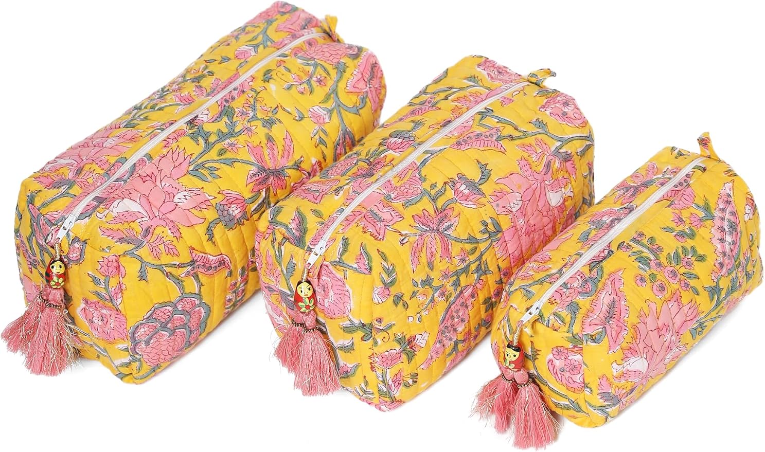 Saffron Marigold Quilted Makeup Bag Set of 3, Hand Block Printed Cotton Cosmetic Bags for Women, Waterproof Lined Travel Toiletry Bag, Coquette Floral Aesthetic, Handmade Gift, Summer Garden