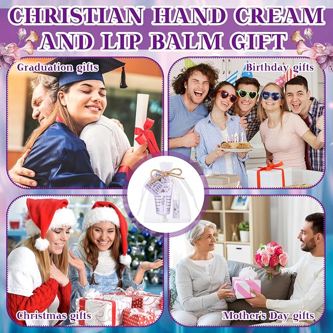 48 Sets Christian Graduation Gifts Hand Cream and Lip Balm Bulk Teacher Appreciation Gifts Travel Size for Her Bible Verse Thank You Cards with Organza Bag Tag for Graduation Supplies(Elegant)