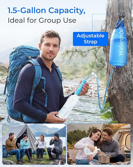 Waterdrop Gravity Water Filter Straw, Camping Water Filtration System, Water Purifier Survival for Travel, Backpacking and Emergency Preparedness, 1.5 gal Bag, 5 Stage Filtration, Pack of 2