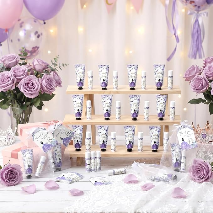 Leelosp 25 Set/100 Pcs Quinceanera Party Favor for Guest with Travel Size Hand Cream, Lip Balm, Card, Organza Bags Quinceanera Gift Set Sweet 15th Party Supply Birthday Souvenir(Purple)