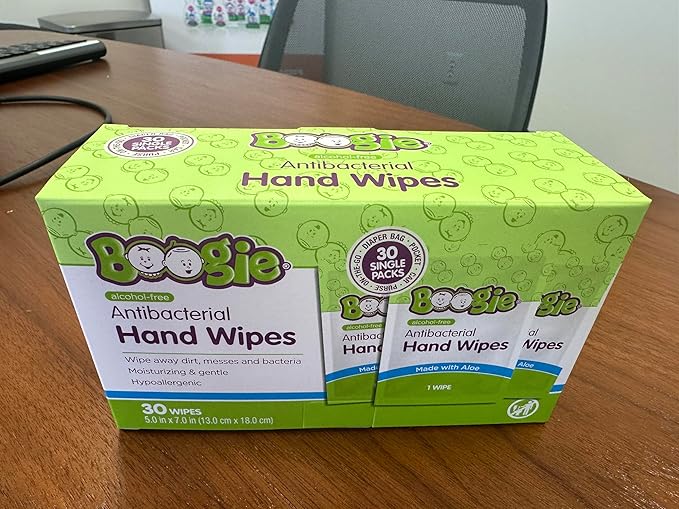 Boogie Antibacterial Hand Wipes - 30 Count - Hypoallergenic & Alcohol-Free - Individually Wrapped - Travel and Diaper Bag Essential